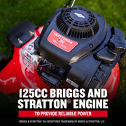 Photo of Craftsman lawn mower model CM11A-02T8793 showing 125cc Briggs & Stratton engine on grass.