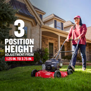 Craftsman red lawn mower CM11A-02T8793 in use on grass, house background, 3-position height adjustment shown.