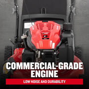 Photo of Craftsman lawn mower CM11A-A2C2093, close-up top view showing the 163cc commercial-grade engine with red cover.