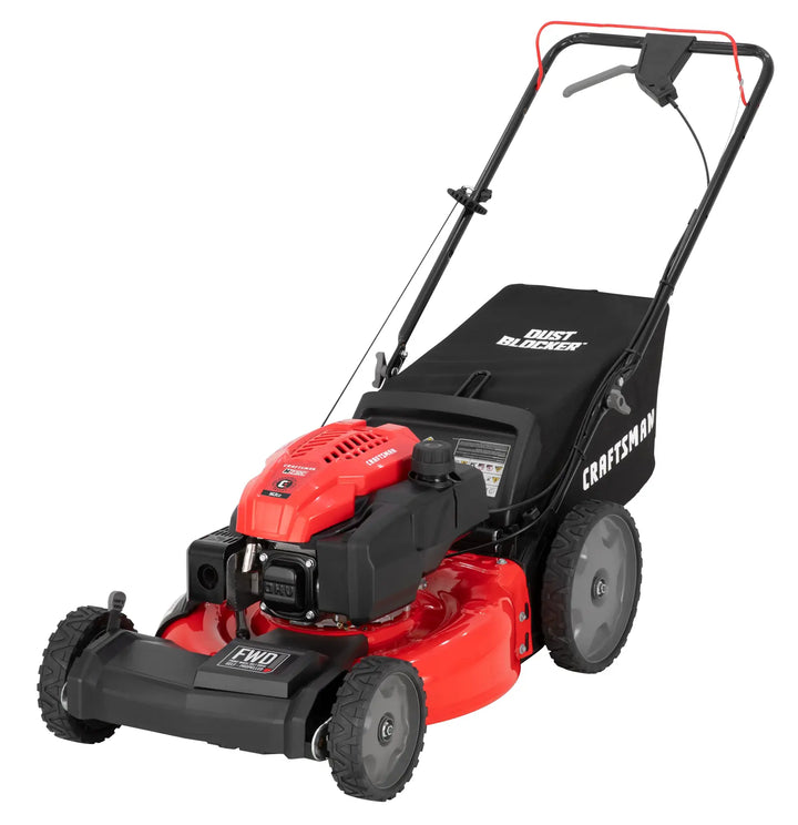 Photo of Craftsman CM12AVB2C2093 self-propelled lawn mower, red and black, front-left angle, white background.