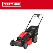 Photo of Craftsman CM12AVB2C2093 gas-powered push lawn mower, red and black, front angle on white background.