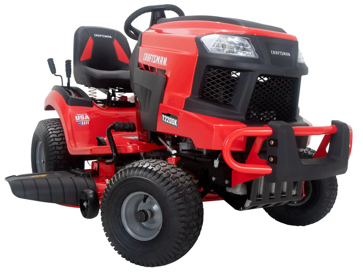 Photo of Craftsman red riding lawn mower CM13APA9ZSA93, angled view on white background.