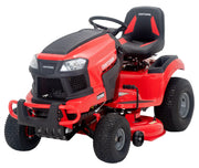 Front angle photo of Craftsman riding lawn mower CM13APA9ZSA93, red with black seat and large tires.