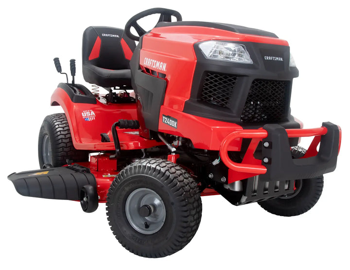 A red Craftsman riding lawn mower with black seat and large tires, photographed on a white background.
