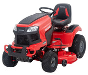 A bright red riding lawn mower with black and red seat, sturdy tires, and visible steering wheel. The mower has 'CRAFTSMAN' branding on the front and seat.