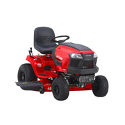 Photo of Craftsman riding lawn mower CM13BL78XTA93, red color, front angle, black seat, white background.