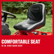 Craftsman lawn mower high-back black seat with embossed logo, model CM13BL78XTA93, side angle view.