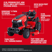 Photo of Craftsman riding lawn mower CM14AHA6ZMA93, side angle, red body, 54 in. deck, premium seat, Kawasaki engine.