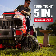 Craftsman lawn tractor CM14AHA6ZMA93 front angle, red body, on grass, highlighting 5 in. turning radius.