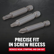 Craftsman graphics of three screwdriving bits with CMAF122MIX15, various tip profiles on black background.