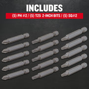 CRAFTSMAN graphics of 15 steel bits, SKU CMAF122MIX15, flat lay showing PH#2, T25, SQ#2 types.