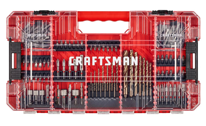 Craftsman CMAF140SET drill and driver bit set in red and clear plastic case, shown from top on white background.