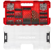Craftsman CMAF140SET drill and driver bit set in red plastic case, assorted bits and accessories, top view.