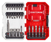 Photo of CRAFTSMAN CMAF25SET screwdriver bit set with 25 pieces, in a red and clear plastic case, shown from above.