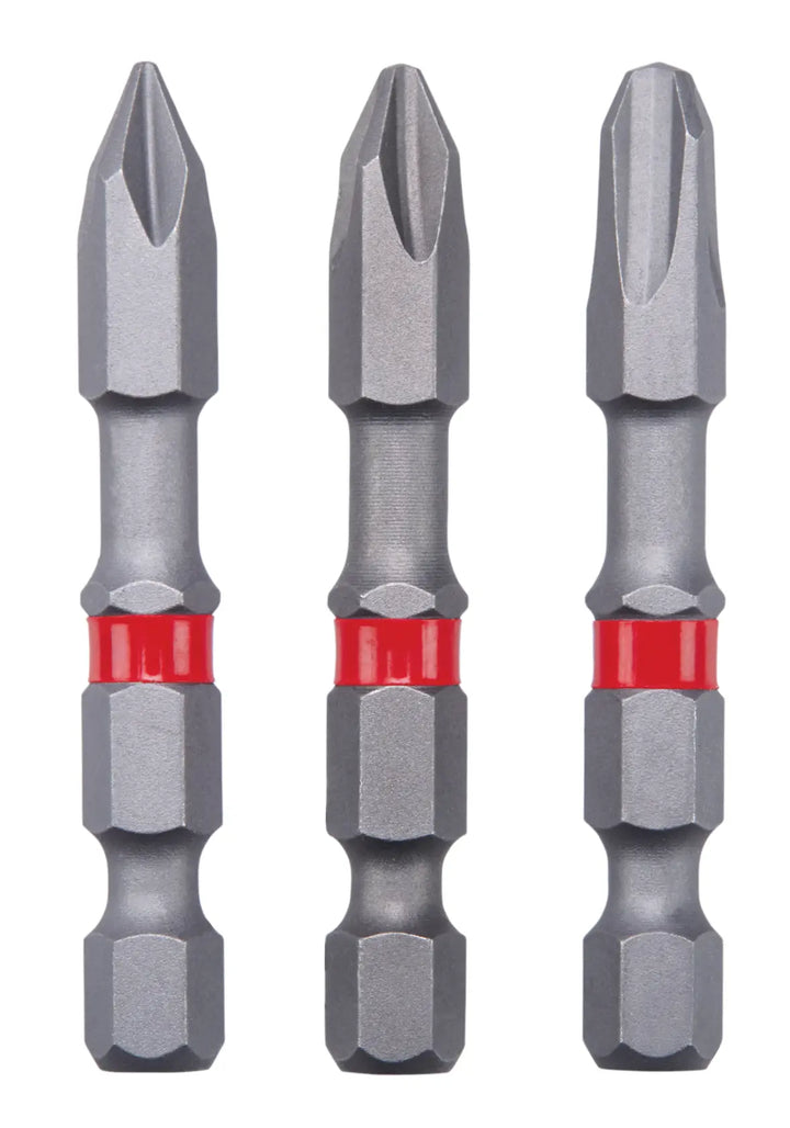 Photo of Craftsman screwdriver bits CMAF2PH-3, set of three, gray steel with red band, front view on white background.