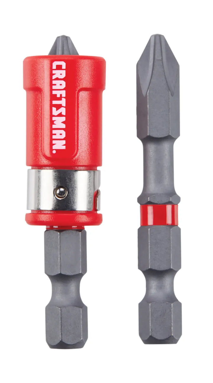 Photo of CRAFTSMAN screwdriver bit set CMAF2PH22, two gray bits with red and silver accents, front angle.