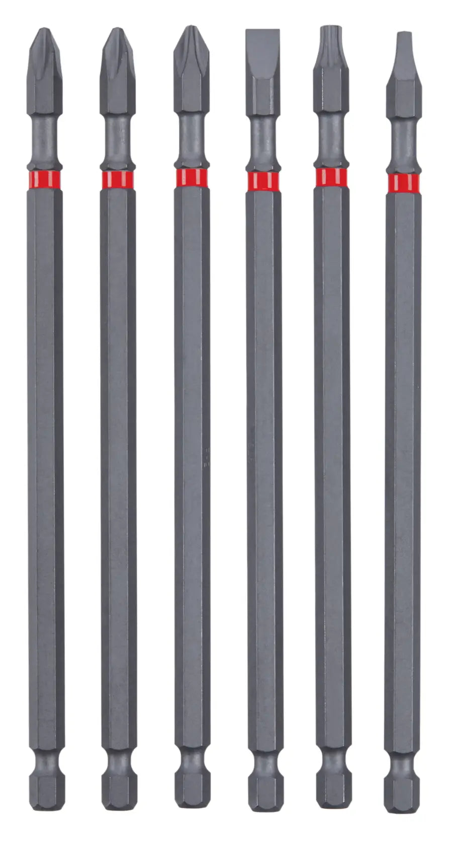 Photo of Craftsman screwdriver bit set CMAF6MIX6, six long black bits with red bands, front angle on white.