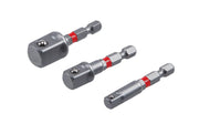 Photo of three Craftsman socket adapter bits with red bands, SKU CMAFSKTA-3, tool accessories, angled on white background.