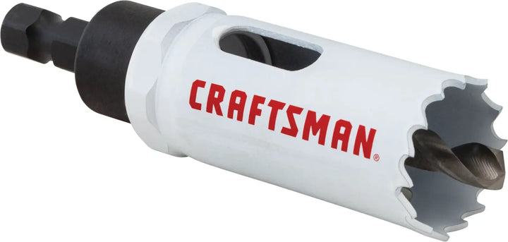 Photo of Craftsman hole saw with drill bit, model CMAH11A, white housing and hex shank, angled view.