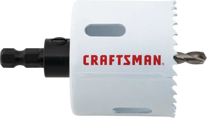 Photo of Craftsman hole saw with drill bit, white body, side view, SKU CMAH1214A.
