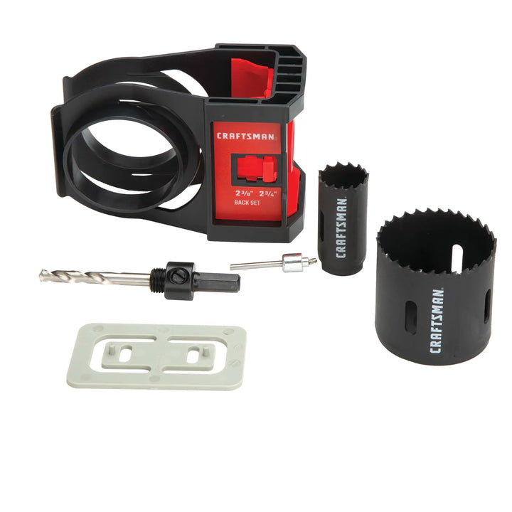 Photo of Craftsman hole saw kit CMAH1MDL with drill bit, two saws, guide, and template on white background.