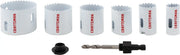 Photo of Craftsman hole saw set CMAH1SET7, six saws and accessories on white background.