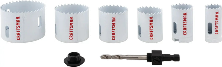 Photo of Craftsman hole saw set CMAH1SET7, six saws and accessories on white background.