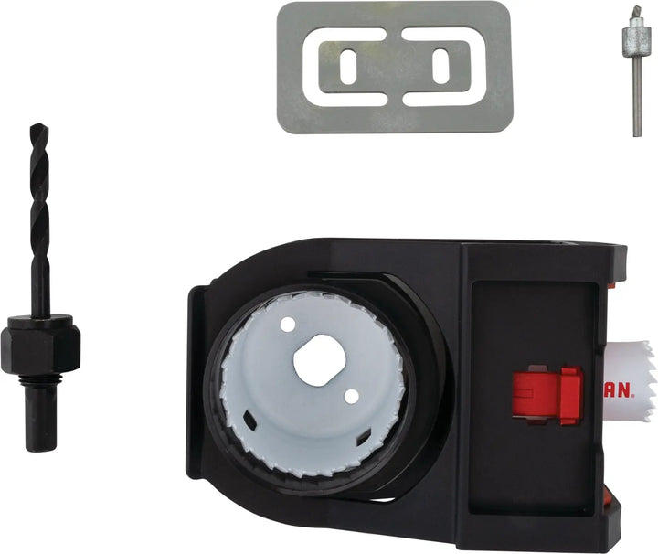 Craftsman hole saw kit CMAH1WDL with hole saw, drill bit, mandrel, adapter plate, and accessory, top-down view.