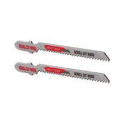Photo of two Craftsman scroll cut wood jigsaw blades, SKU CMAJ1312WS2, silver with red and black text, side angle.