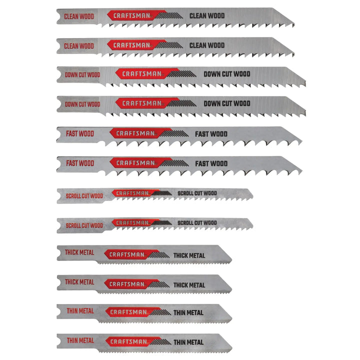 Photo of Craftsman jigsaw blade set CMAJ2SET12, 12 assorted blades for wood and metal, top view on white background.