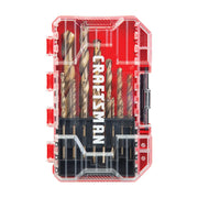 Photo of CRAFTSMAN CMAM2214 drill bit set in clear red plastic case, top view.