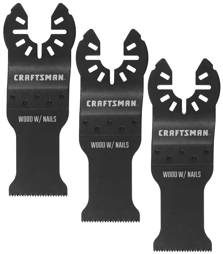 Photo of three Craftsman wood with nails oscillating tool blades, black, front view, SKU CMAO102-3.