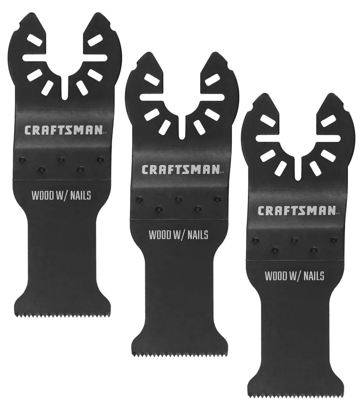 Photo of three CRAFTSMAN oscillating tool blades for wood with nails, SKU CMAO103-3, front view on white background.