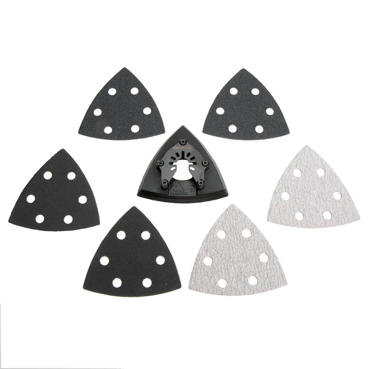 Photo of Craftsman sanding pad set CMAO200, triangle pads with holes and mounting head, top angle on white background.
