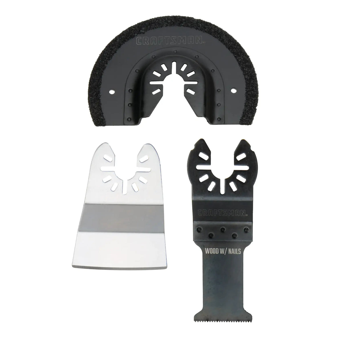 Photo of Craftsman oscillating tool blade set, SKU CMAO201, showing three blades on white background.