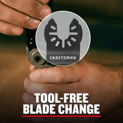 Photo of Craftsman CMAO202 oscillating tool accessory blade and hands showing tool-free blade change feature.