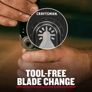 Photo of Craftsman CMAO400 graphics showing hands changing a blade tool-free, with a close-up of the locking mechanism.
