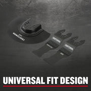 Photo of CRAFTSMAN oscillating tool blades set, black color, model CMAO552, on a dark surface, front angle.