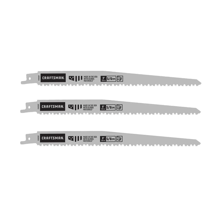 Photo of Craftsman reciprocating saw blades, SKU CMAR596P3, three-pack, 9-inch, 5 TPI, front angle on white background.