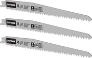 Photo of three Craftsman reciprocating saw blades, 9-inch, silver, CMAR596P3, set shown on white background.