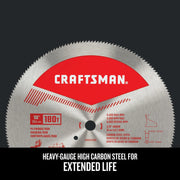 Photo of Craftsman circular saw blade CMAS210180, 10 inch, 180 teeth, silver with red branding, shown front angle.
