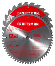 Photo of two Craftsman 10-inch 60-tooth carbide saw blades, SKU CMAS210CMB, front angle on white background.