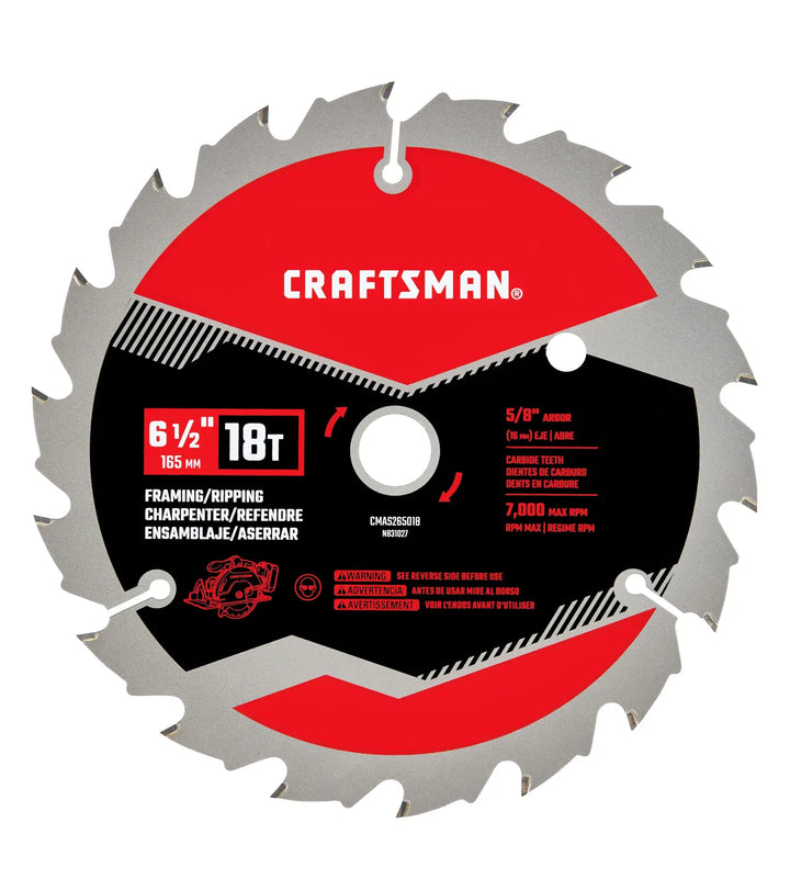 Photo of Craftsman framing saw blade, SKU CMAS265018, 6.5 inch, 18T, carbide teeth, red and silver, front angle.