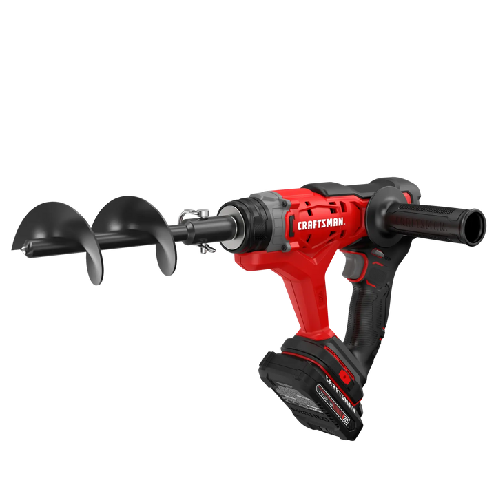 Craftsman CMCA320C1 cordless earth auger, red and black, side angle on white background.