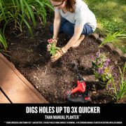 Photo of a person gardening with Craftsman power tool, CMCA320C1, planting flowers in soil, drill placed on ground.