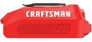 Photo of Craftsman V20 battery CMCB002B, red casing, side angle, visible logo and model number.