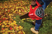 Photo of Craftsman leaf blower CMCBL700B clearing autumn leaves on grass.
