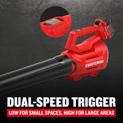 Photo of CRAFTSMAN CMCBL700M1 cordless blower with dual-speed trigger, red and black, side angle.