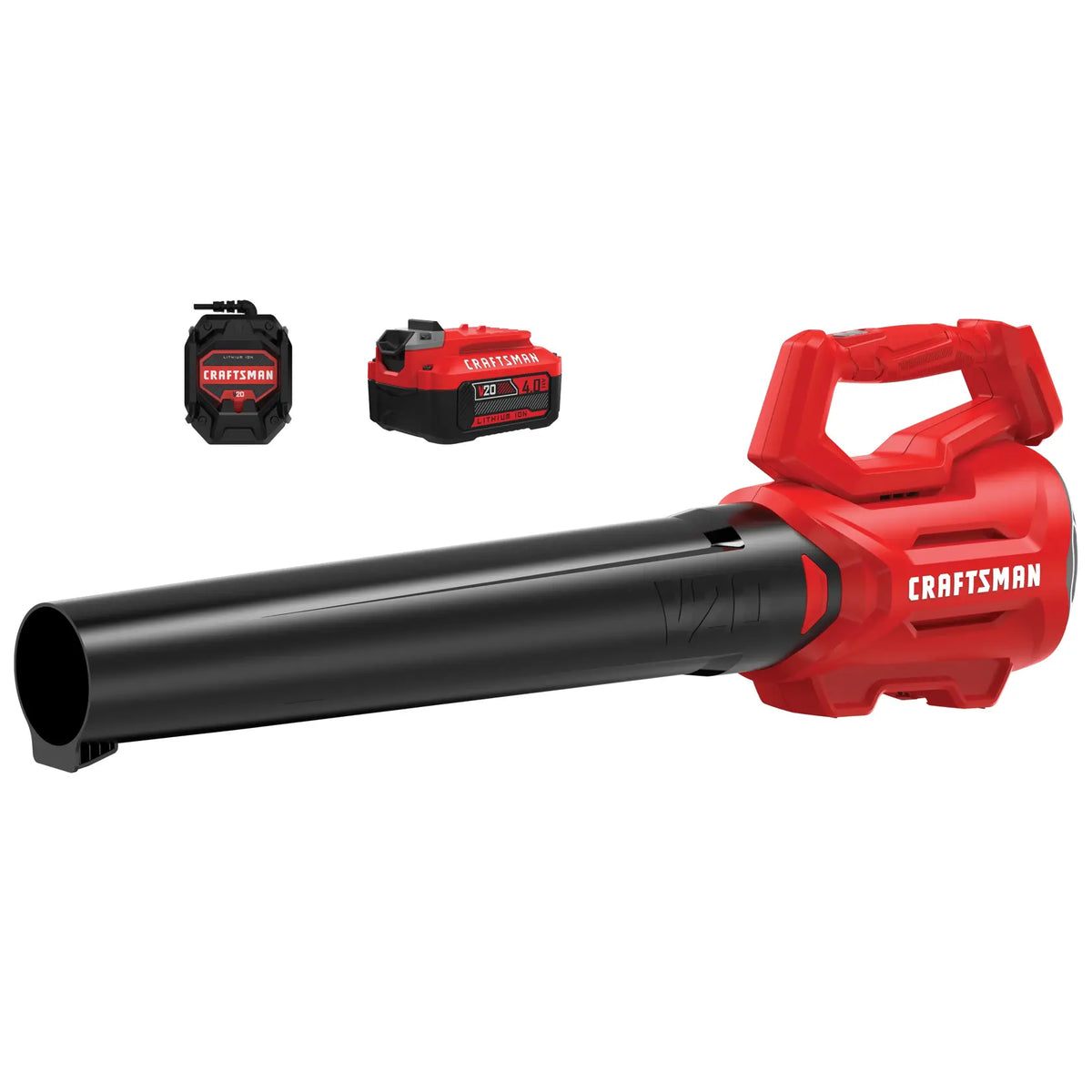 Photo of Craftsman cordless leaf blower CMCBL700M1 with battery and charger, front angle, red and black.
