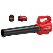 Photo of Craftsman cordless leaf blower CMCBL700M1 with battery and charger, front angle, red and black.